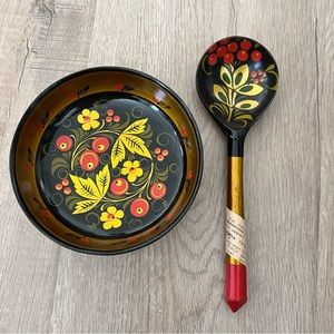 Russian USSR Khokhloma Lacquer Hand Painted Wood Bowl & Spoon Cherry Vintage NWT